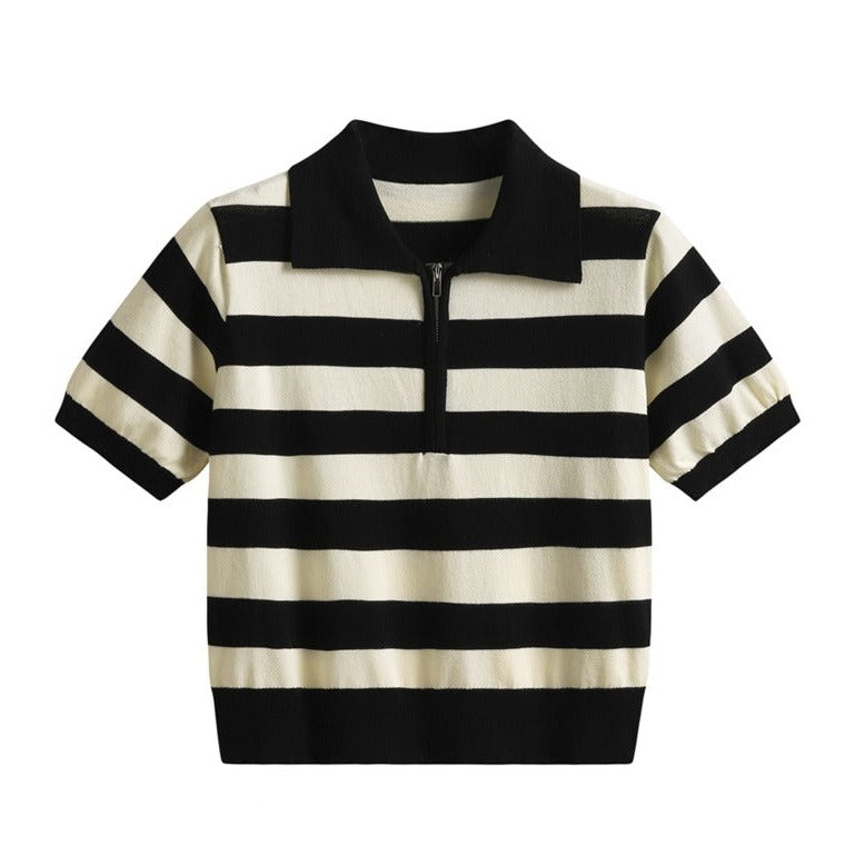Zipper Striped Polo T-Shirt - Shirt
