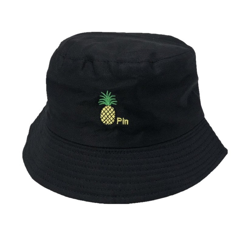 Funny Embroidered Foldable Bucket Hat - Black/Pineapple /