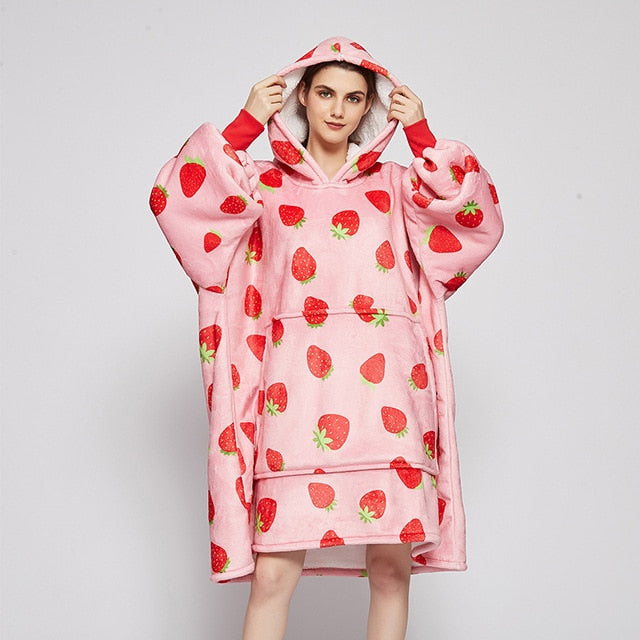 Cartoon Loose Hooded Nightdress - Pink -Strawberries /