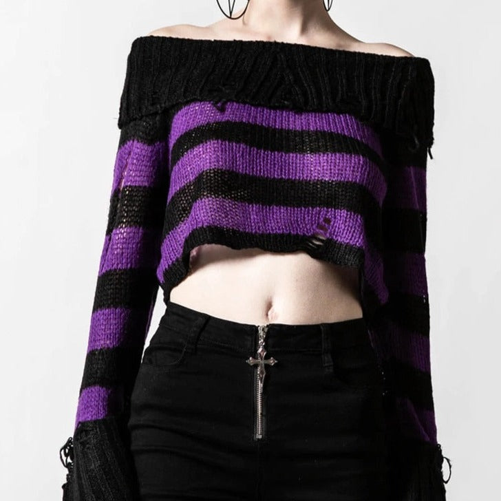 Gothic One Shoulder Stripe Short Sweater