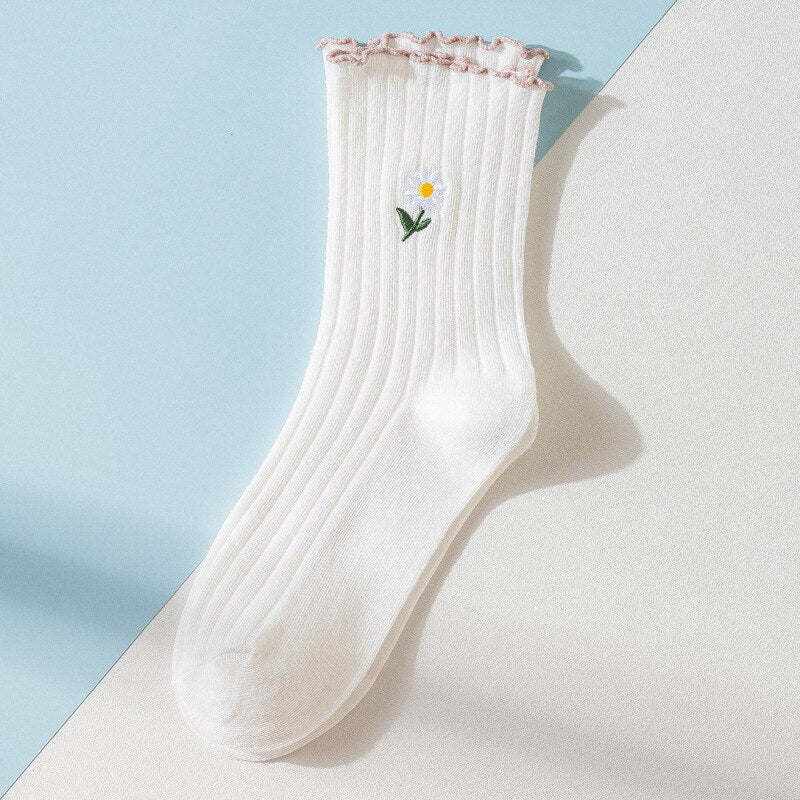Solid Color Little Flower Socks - White / One Size