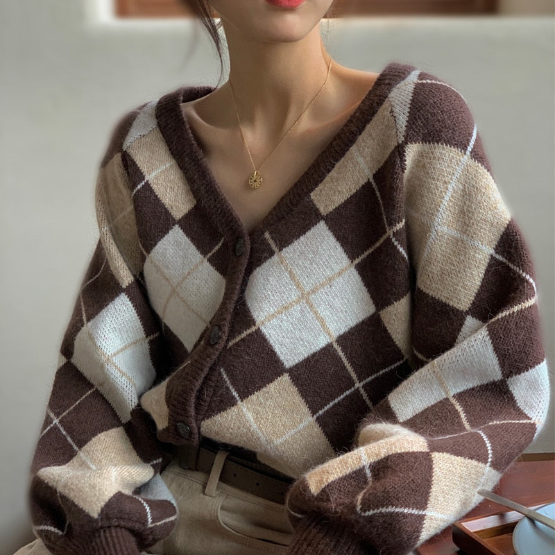 Plaid Argyle Long Sleeve Knitted Cardigan - Dark Brown / One