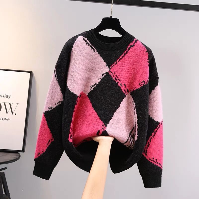 Plaid Loose Vintage Round Neck Knitted Sweater - Purple /