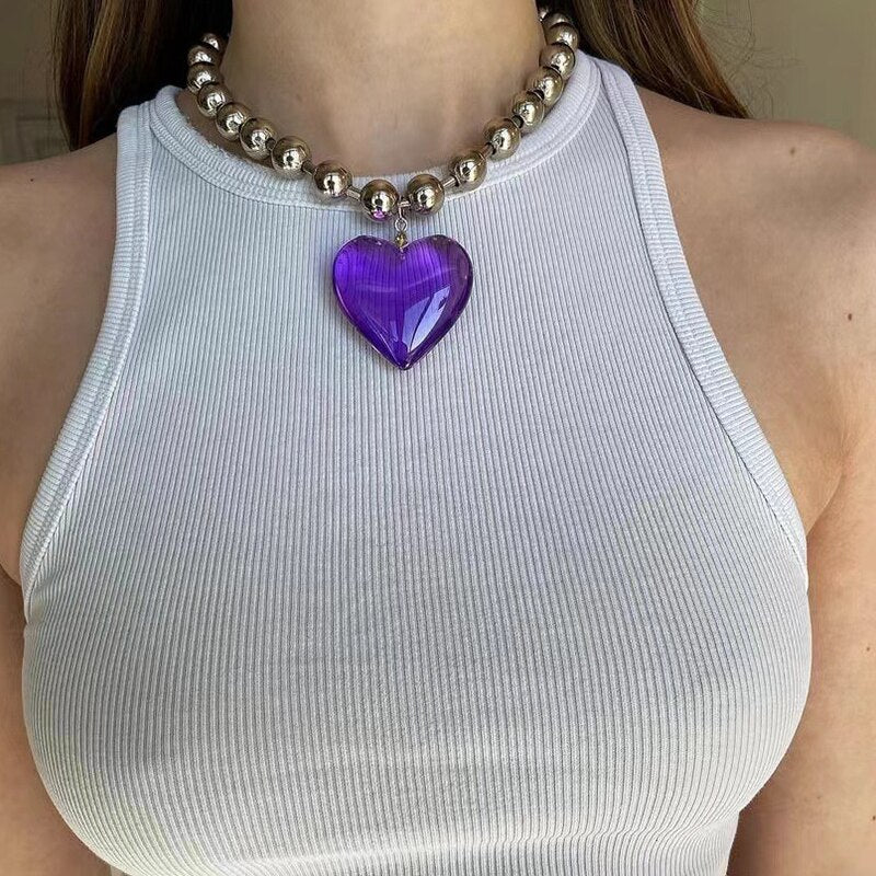 Colorful Love Heart Pendant Necklaces - Purple / One Size -