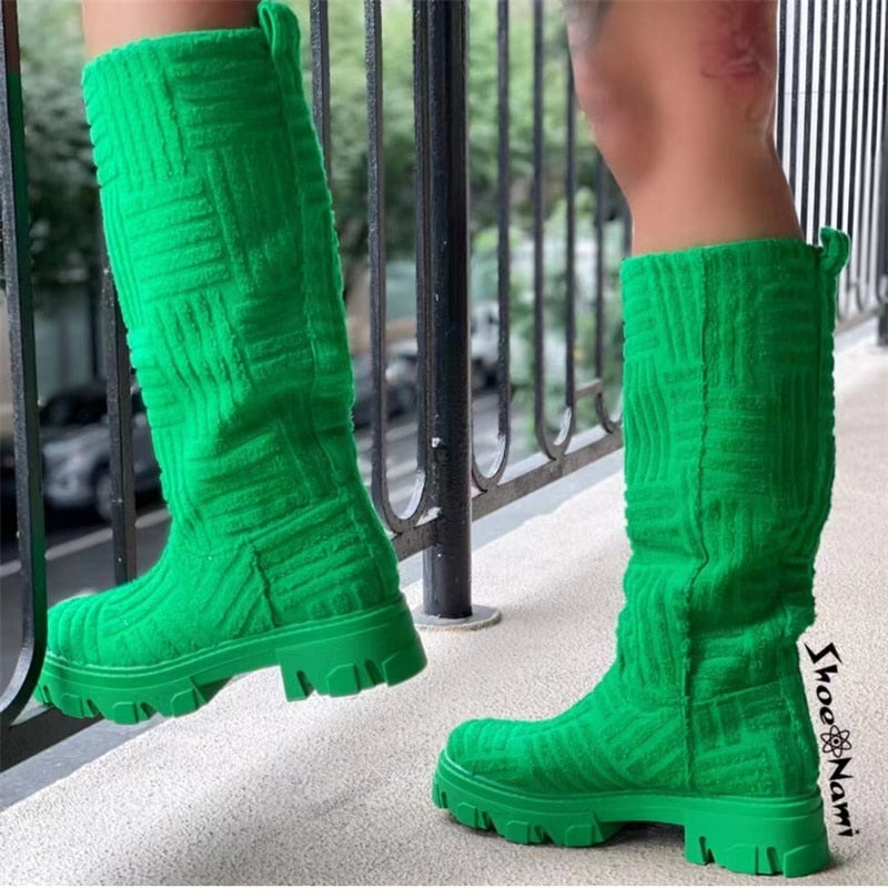 Solid Color Thick-soled Thick-heeled Boots - Green / 36