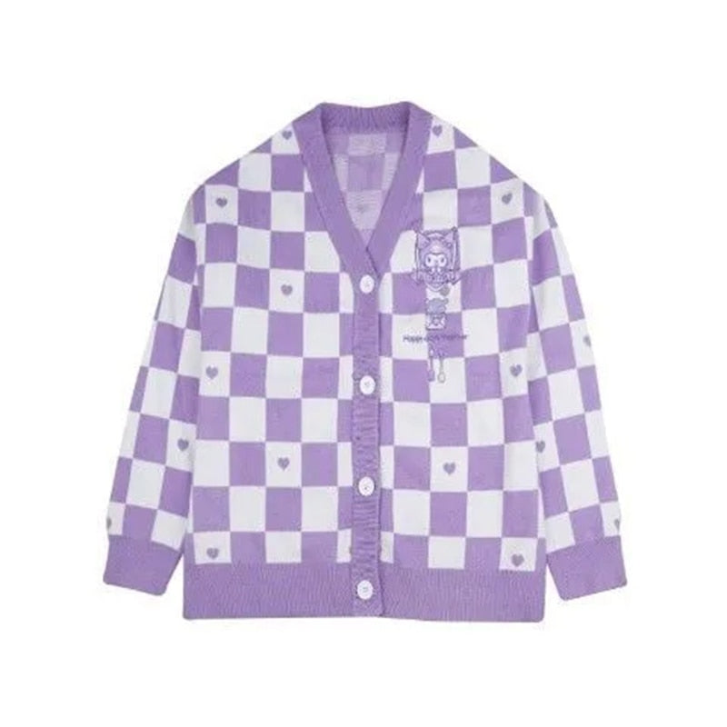 Checkered With Kawaii Embroidery Cardigan - Violet / S -