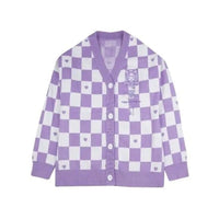 Thumbnail for Checkered With Kawaii Embroidery Cardigan - Violet / S -