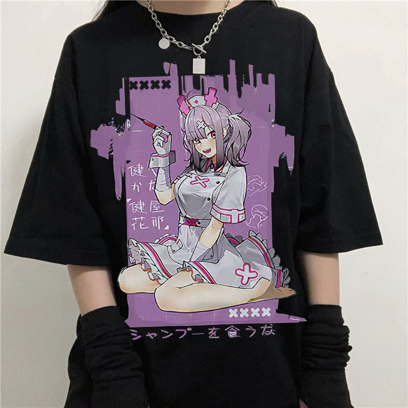 Loose Nurse Anime Purple Background T-shirts - T-Shirt