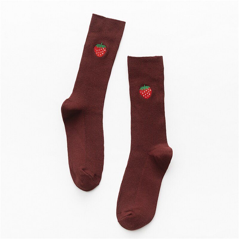 Cartoon Embroidery Fruits Socks - Red Wine-Strawberry / One
