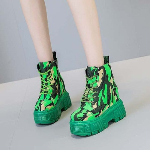 Camouflage Mixed Colors Platform Boots - Green / 34