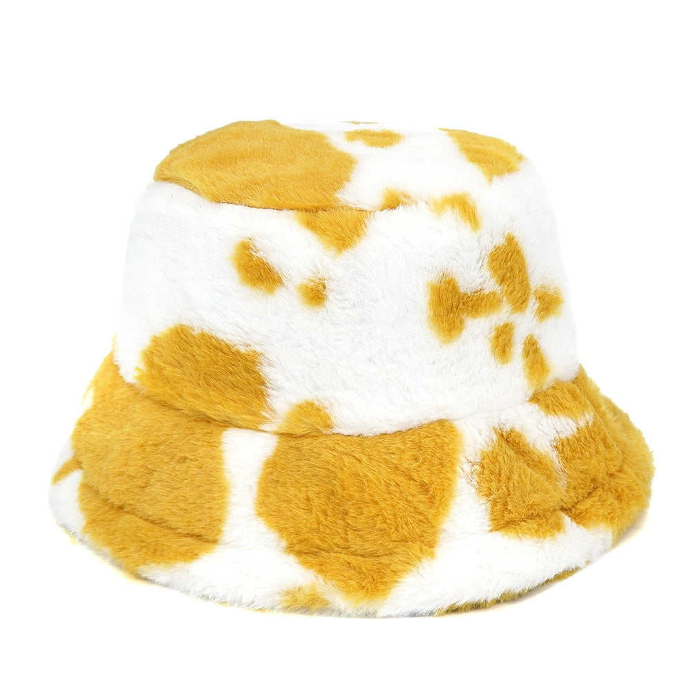 Colorful Faux Fur Bucket Hat - Yellow-White / M 56-58cm