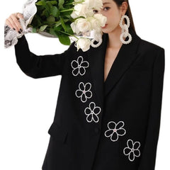 Loose Black Blazer Embellished With White Flowers