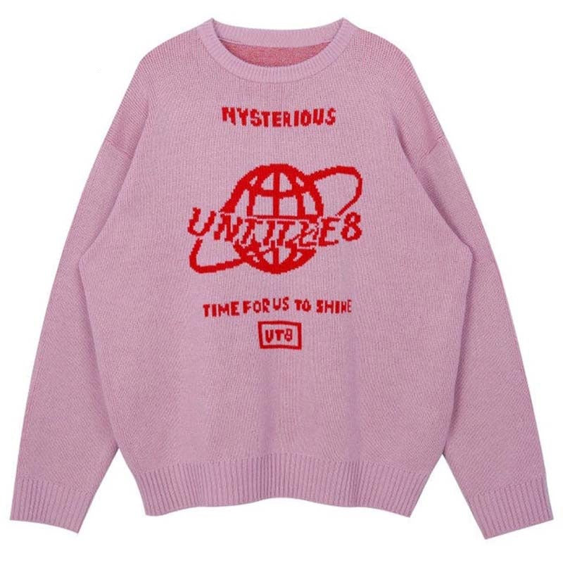 Letter O-Neck Knitted Sweater - Pink / One Size