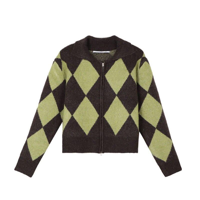 Diamond Lattice Polo-neck Long Sleeve Zipper Sweater - Green