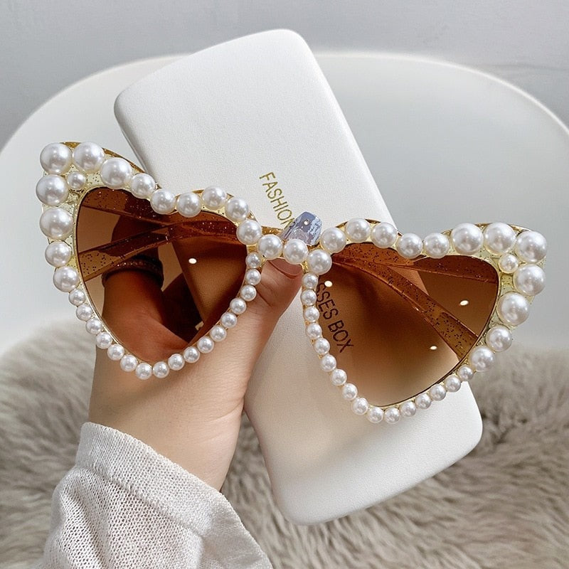 Heart Frame Imitation Pearl Diamond Design Glasses - Tea /