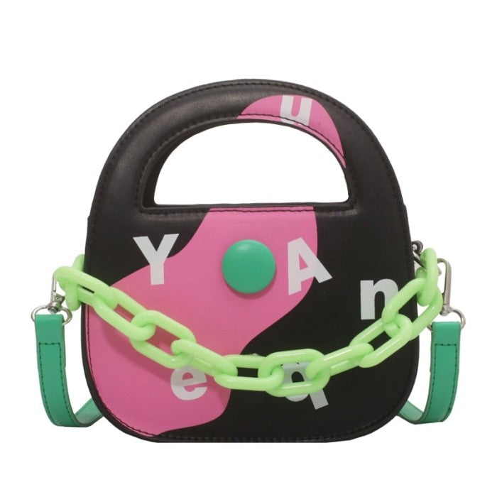 Round Handle With Chain Ornament Cute Bag - Black-Pink / One
