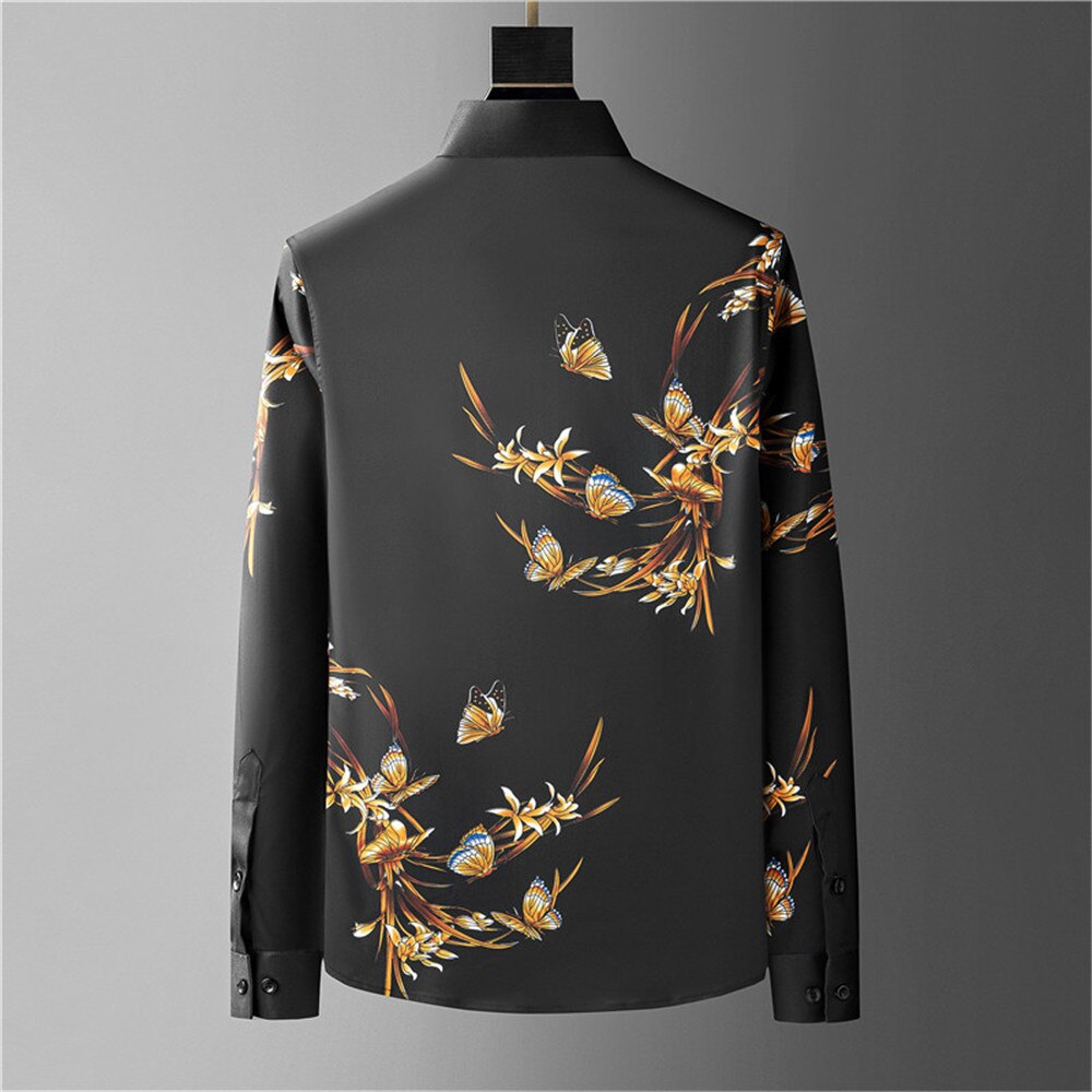 White And Black Butterfly Print Long Sleeve Shirt - Shirts