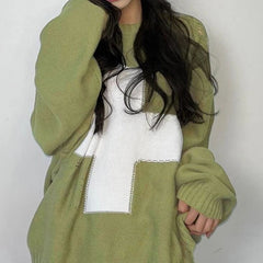 Green Cross Long Sleeve Oversize Knitted Sweater - One Size