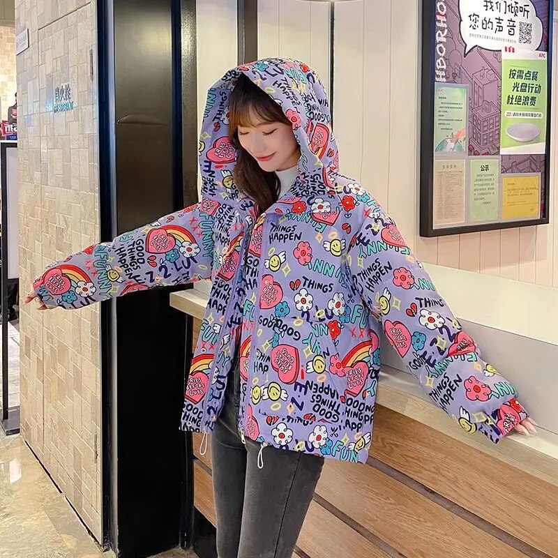 Hearts And Flowers Warm Hooded Oversized Jacket - purple / M