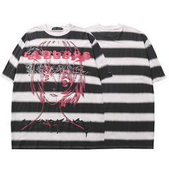 Anime Cartoon Striped T-Shirt - Black / M