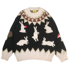 Rabbit and Mushroom Knitted Sweater - Black / One Size