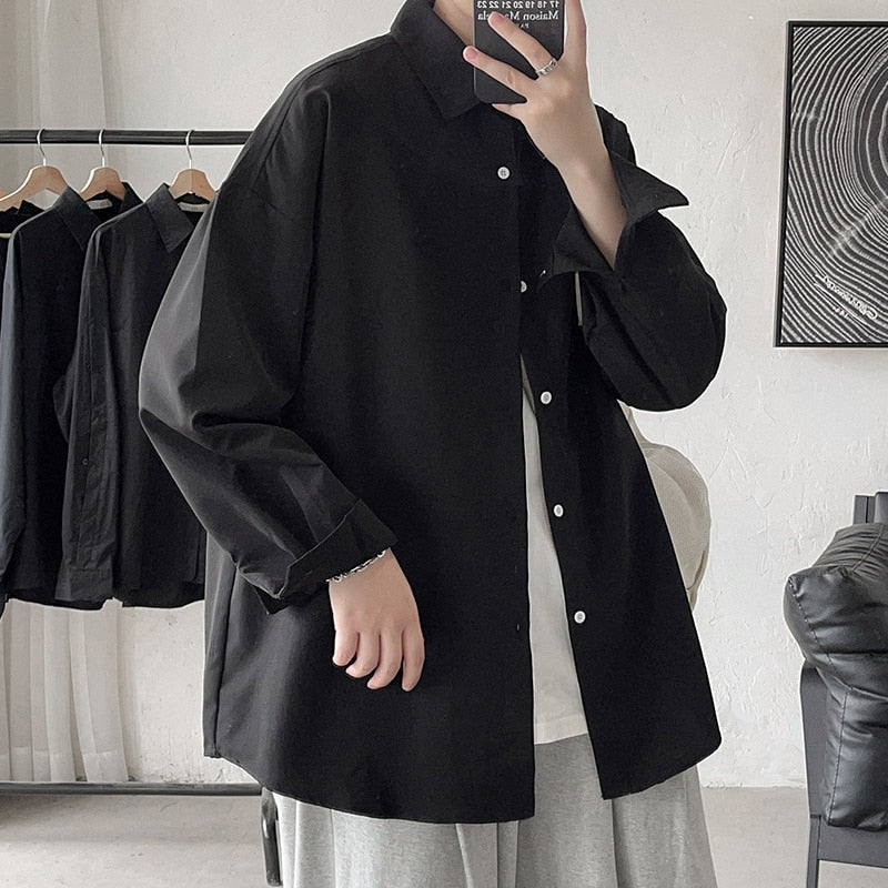 Solid Color Oversize Long Sleeve Shirt - Black / M