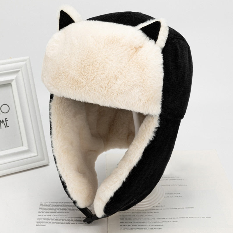 Warm Cat Ears Faux Fur Bomber Hat - Black / One Size