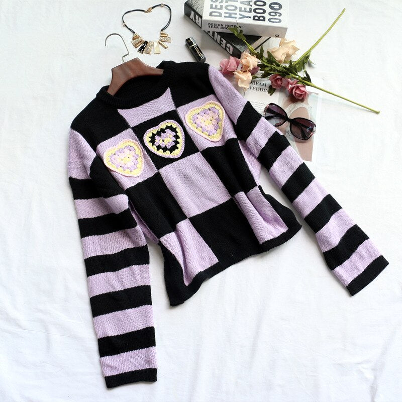 Checkerboard And Hearts Knit Sweater - Purple-Black / S