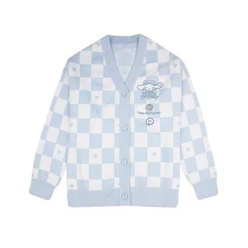 Checkered With Kawaii Embroidery Cardigan - Blue / S -