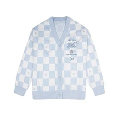 Checkered With Kawaii Embroidery Cardigan - Blue / S -