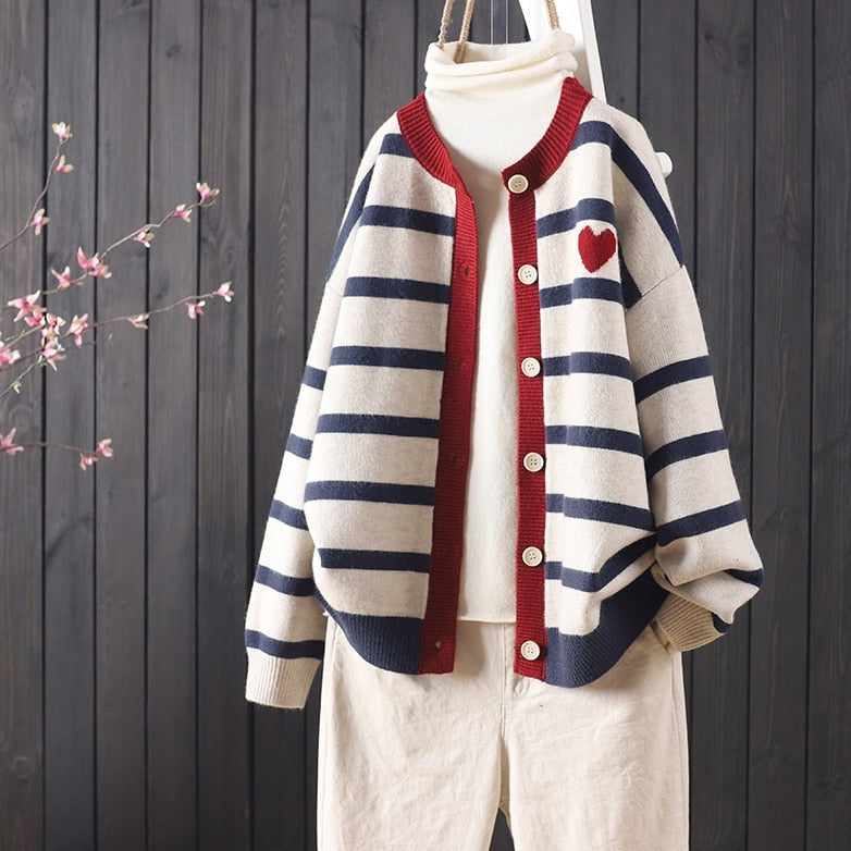 Heart and Stripes Round Neck Knitted Cardigan