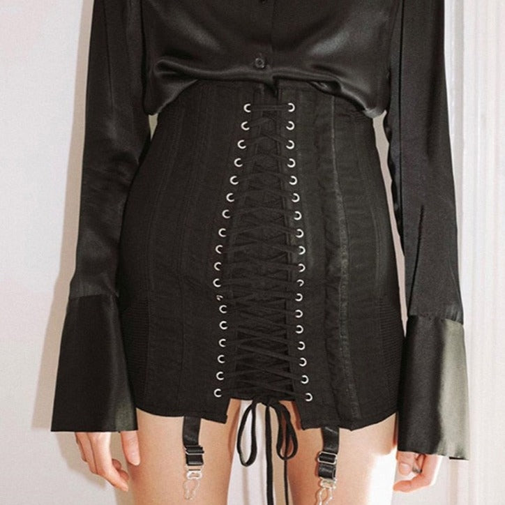 Gothic Punk High Waist Lace Up Eyelet Mini Skirt - Skirts
