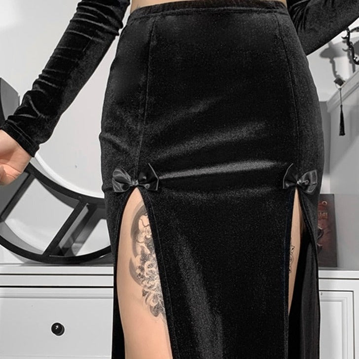 Black Velvet Split High Waist Long Skirt