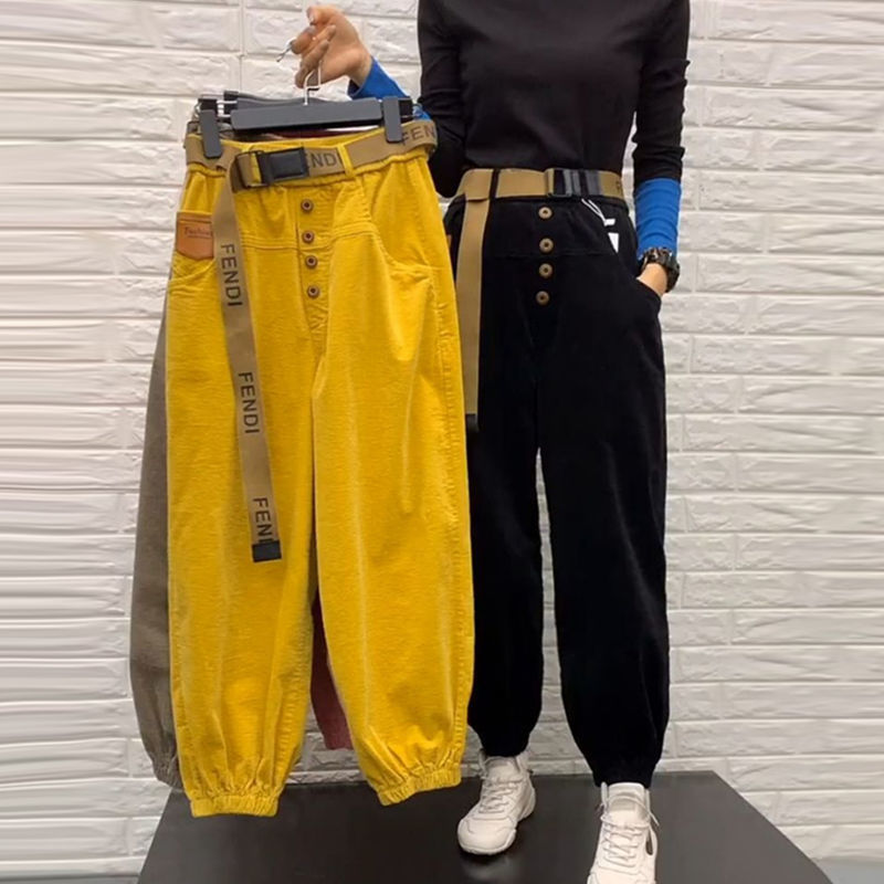 Waisted Button Solid Pants - Yellow / S