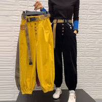 Thumbnail for Waisted Button Solid Pants - Yellow / S