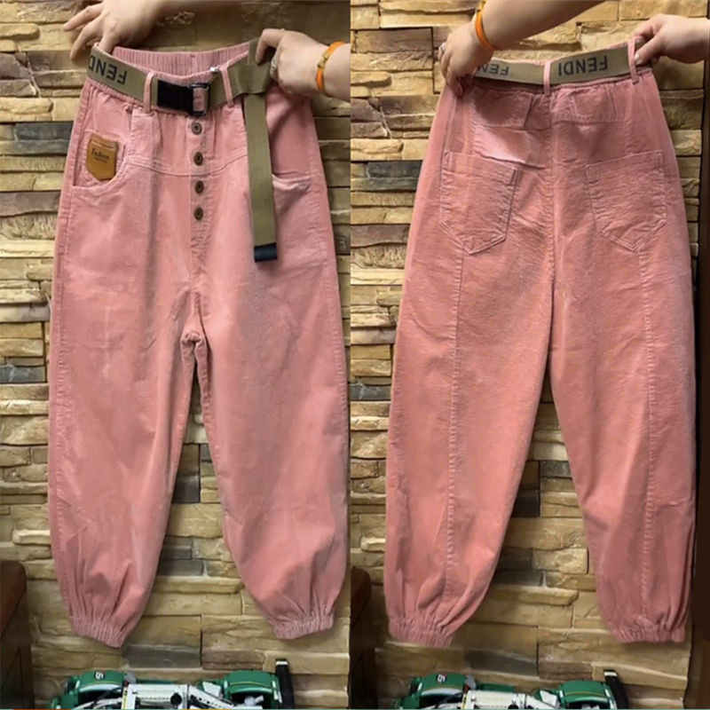 Waisted Button Solid Pants - Pink / S