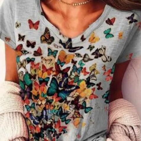 Multi-color Butterfly V-Neck T-Shirt - Gray / 2XL - T-shirts