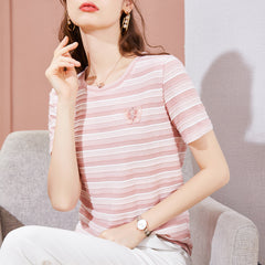 Striped Embroidered Butterfly T-Shirt - Pink / M