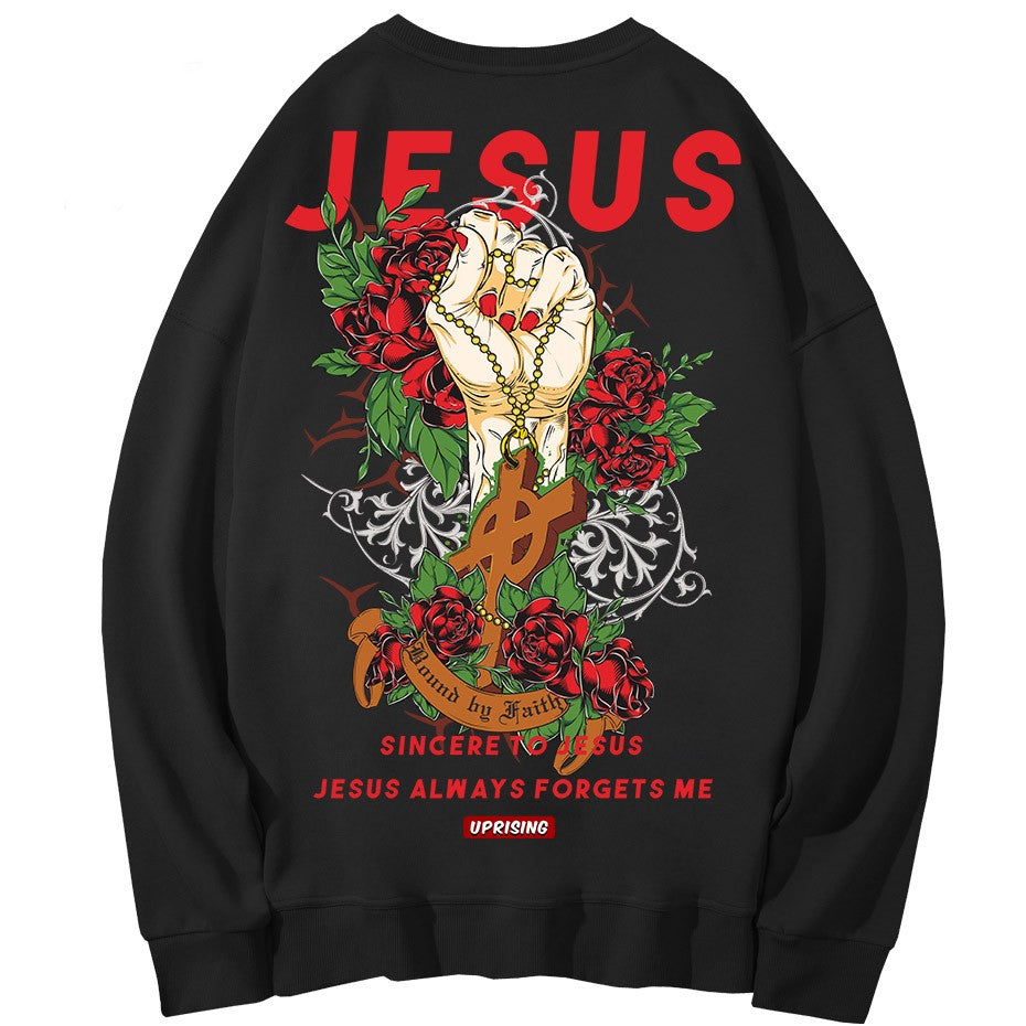 Jesus Hand with Cross and Roses Print Sweatshirt -