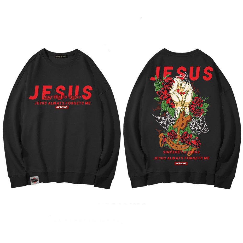 Jesus Hand with Cross and Roses Print Sweatshirt - black / L