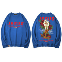 Thumbnail for Jesus Hand with Cross and Roses Print Sweatshirt - blue / M