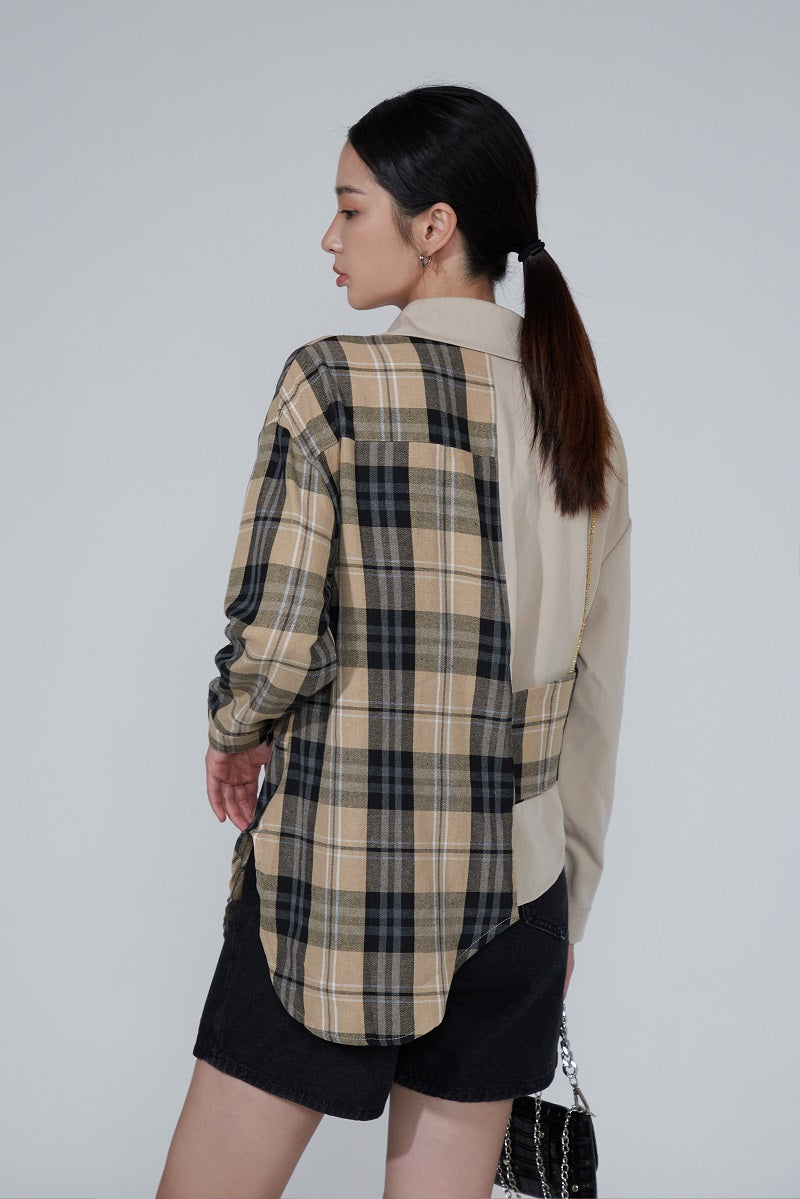 Patchwork Turn Down Long Sleeve Fashion Blouse - One Size /