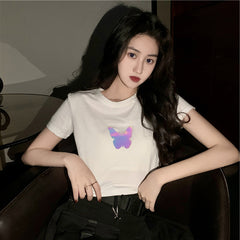 Reflective Butterfly Short-Sleeved Crop Top - White / M -