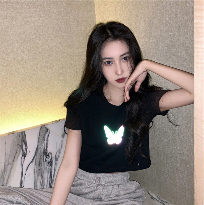 Reflective Butterfly Short-Sleeved Crop Top - Black / M -
