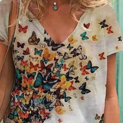 Multi-color Butterfly V-Neck T-Shirt - White / 2XL -