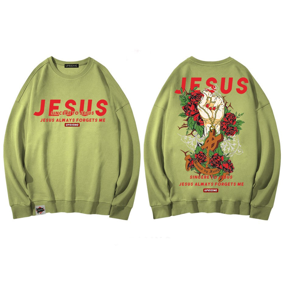 Jesus Hand with Cross and Roses Print Sweatshirt - Apple