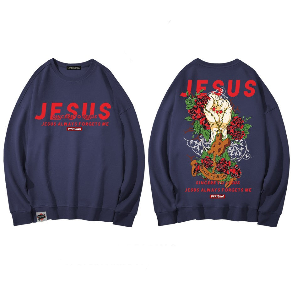 Jesus Hand with Cross and Roses Print Sweatshirt - navy / M