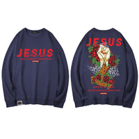 Thumbnail for Jesus Hand with Cross and Roses Print Sweatshirt - navy / M