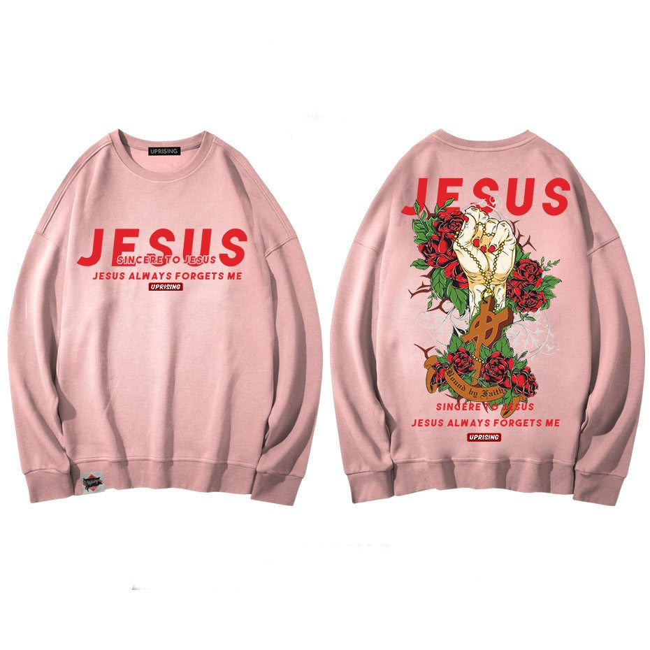 Jesus Hand with Cross and Roses Print Sweatshirt - PINK / M