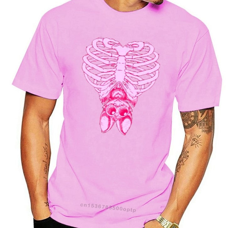 Witchy Pastel Goth Cute Bat & Ribcage T-Shirt - Pink / S